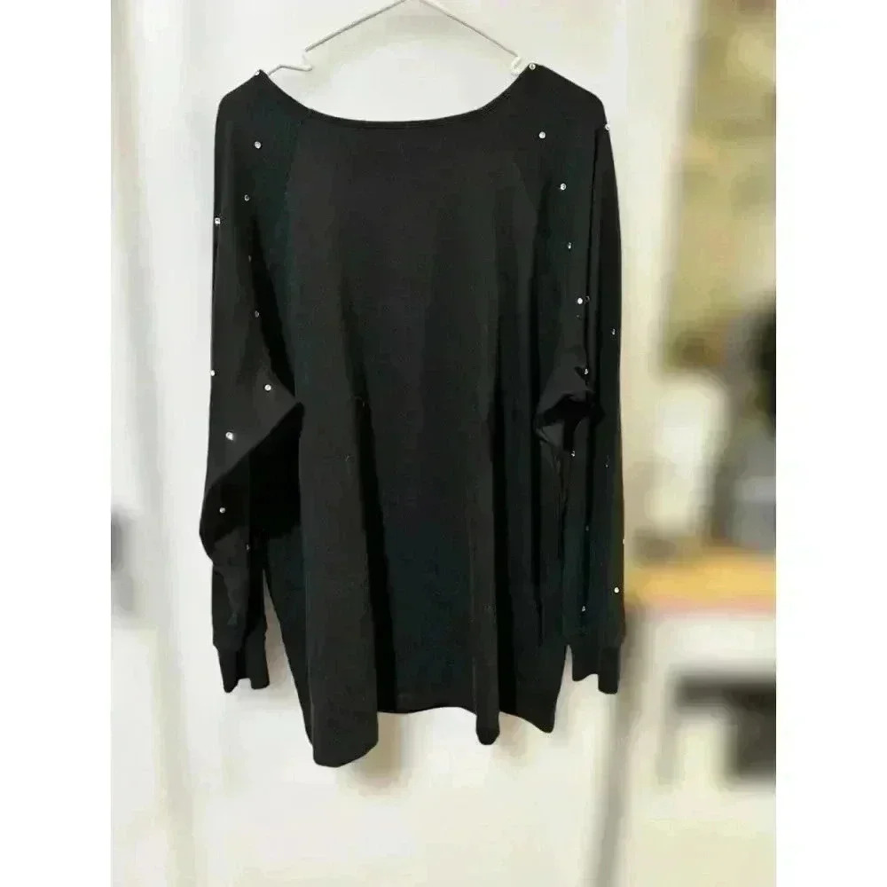 Quacker Factory Black Rhinestone Embellished‎ Tunic Blouse, Size 2X